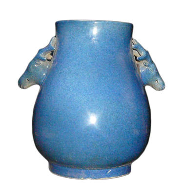 Chinese Deer Head Accent Blue Glaze Vase Pot vs016E 