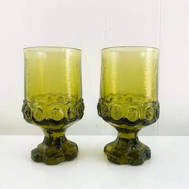 Vintage Tiffin Madeira Franciscan Pattern Olive Green Uranium Vaseline Depression Glass Juice Glasses Heavy Set of 2 Water Glasses Avocado 