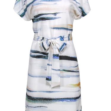 Reiss - White & Multicolor Watercolor Print Short Sleeve Belted Silk Midi Dress Sz 2