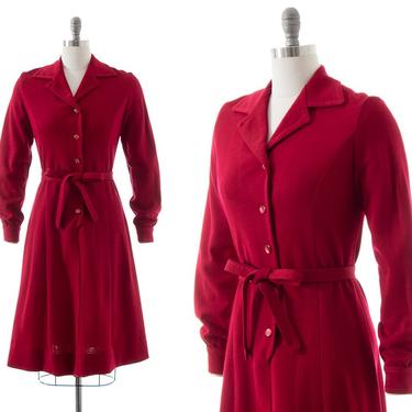 Vintage 1970s Shirt Dress | 70s Burgundy Knit Wool Blend Belted Long Sleeve Button Up Shirtwaist Day Dress (small/medium) 