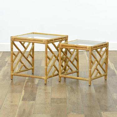 Pair Of Chippendale Rattan Nesting End Tables