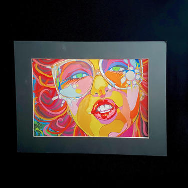 Vintage Modern Art Lithograph Print Numbered and Signed Eileen Amster 24/175 Psychedelic Woman Portrait 24&quot; x 18&quot; 