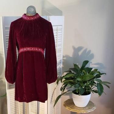 1960s/70s MOD Red Velvet Empire Waist Mini Dress w/sparkle trim 