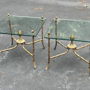 Pair vintage chinoiserie faux bamboo side tables 