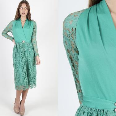 Vintage 70s Green Lace Dress 1970s Sheer Floral Wrap Dress Date Night Formal Brocade See Through Simple V Neck Solid Disco Mini Dress 