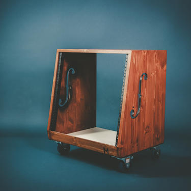 10u angled &quot;ƒ-series&quot; ventilated audio rack - casters - custom -  3u 4u  10u 12u Stained - recording studio - custom wood - studio furniture 