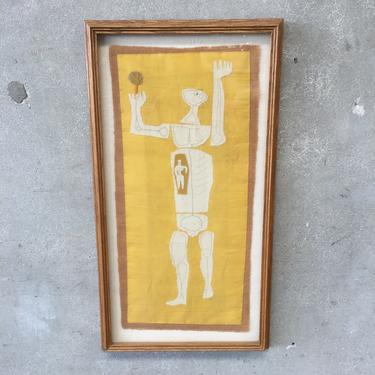 Mid Century Modern Folk/Outsider Art Stitched Fabric Assemblage Framed Yellow Person
