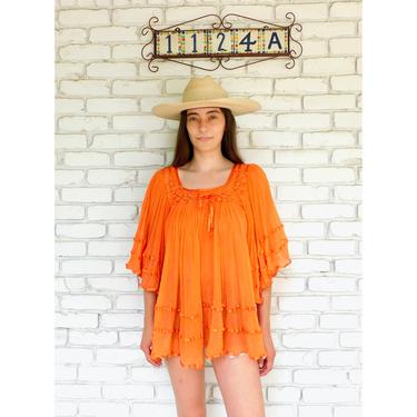 Mexican Gauze Blouse // vintage 70s orange tunic boho hippie hippy 1970s cotton dress // O/S 