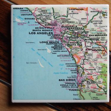 1979 southern California Handmade Repurposed Map Coaster - Ceramic Tile - Repurposed 1970s Rand McNally Atlas - Los Angeles San Diego 