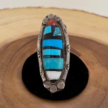 MULTI LOVE Vintage 70s Statement Ring | Large Ring w/ Silver Turquoise, Coral, Onyx  | Native American Zuni Style Jewelry | Size 10 1/2 