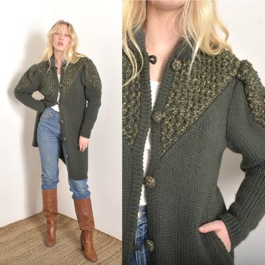 Vintage 1980s Sweater / 80s Popcorn Knit Puff Sleeve Sweater Coat / Green Gold ( S M ) 