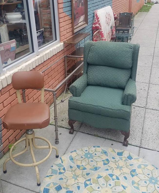 SOLD.                   Industrial Stool, $59. Green Chair, $84.