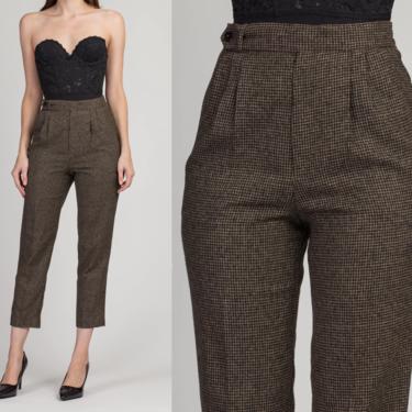 Vintage Houndstooth Trousers - Petite Small, 28&quot; | 80s 90s Black & Brown Pleated High Waist Tapered Pants 