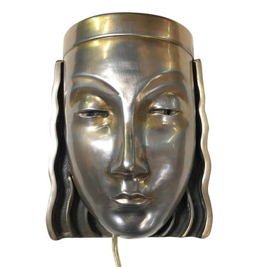 Art Deco Revival Female Face Mask Wall Sconce, Pair 