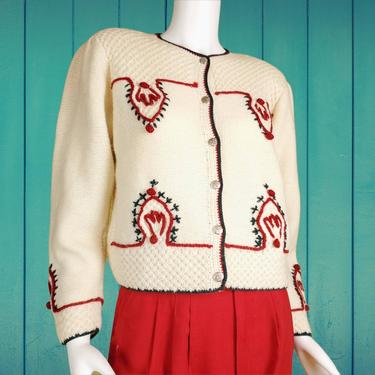 1980s embroidered cardigan. Soft creamy white with puff sleeves & padded shoulders. Ornate buttons. Yarn balls. By Tanner Sport. Size M. 