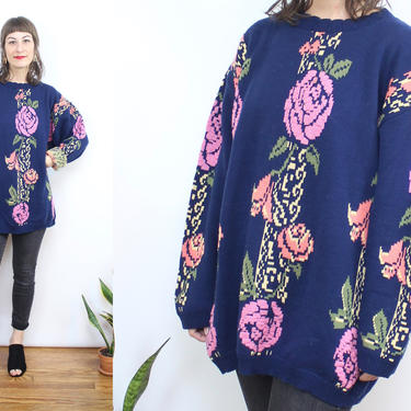 Vintage 80's 90's Rose Sweater / 1980's Rose Oversized Sweater / Pull Over / Women's Size Medium Large XL 