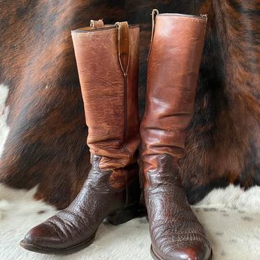 Vtg 80s Custom Handmade Sharkskin Dark Brown Leather Tall Cowboy Boots / Western Wear / Size 8.5-9  Mens / Size 10-10.5 Womens 