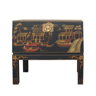 Chinese Oriental Black Gold Lacquer Scenery Graphic Side Table Trunk  cs5316S
