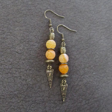 Yellow stone earrings, brass modern earrings, unique ethnic earrings, mid century, tribal earrings, minimalist geometric earrings, agate 