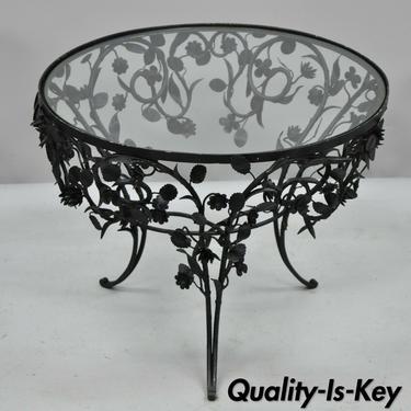Vtg Wrought Iron Small Round Coffee Side Table Italian Tole Metal Flower Design