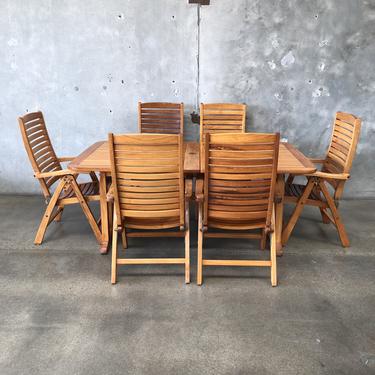 Teak Expandable Table &amp; Six Reclining Chairs with Brass Hardware