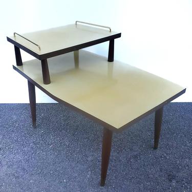 Mid Century Modern 2 Tier Yellow Formica Nightstand End Table Walnut Color Danish Modern Bedroom Living Lamp Entryway Occasional Side Table 