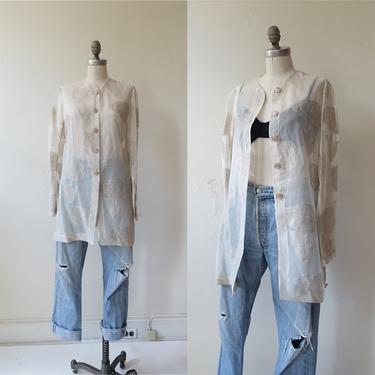 Vintage 90s Sheer Silk Linen Button Up Shirt/ 1990s See Through Floral Jacket/ Size Medium 
