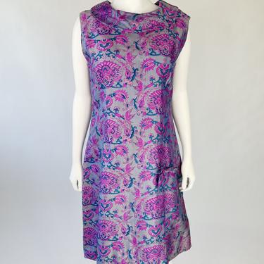 1960's Grey &amp; Purple Bird-Print Dress