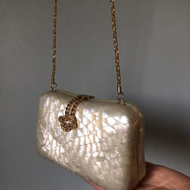 vintage 50s 60s WALBORG bag | mother of pearl hard case gold chain strap | rhinestone leaf and gold chain clasp clutch 
