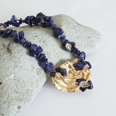 Vintage Italian Gold Pendant Necklace, Lapis Lazuli Abstract Organic Jewelry by Rita Franscione 