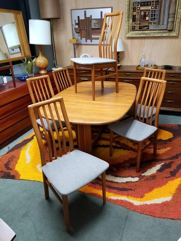 Set of six Danish Modern teak dining chairs with new grey upholstery