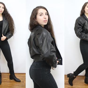 Vintage 80's 90's Cropped SOFT LEATHER Moto Jacket / 1980's Cropped Leather Coat / Dolman Sleeves / Women's Size Small - Medium by Ru