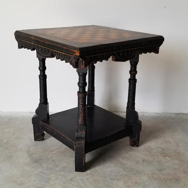 Antique Handmade Game Side Table With Inlaid Chest Top 