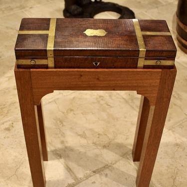 19th Century Brass Bound Tiger Maple Surgeons Box on Custom Stand, Top Engraved "D. Patterson, Surgeon"