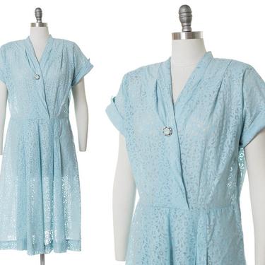 Vintage 1940s Dress | 40s Sheer Burnout Baby Blue Floral Filigree Day Dress (x-large) 