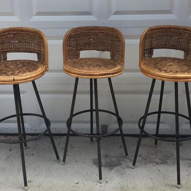 Vintage set of three rattan bar stools - pickup and delivery to selected cities only 