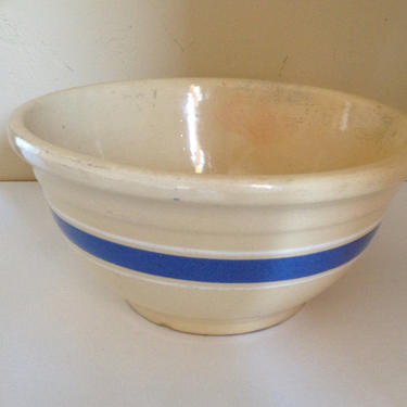 Vintage Watt Yellow Ware Mixing bowl, marked oven ware USA Blue and White Band Border 