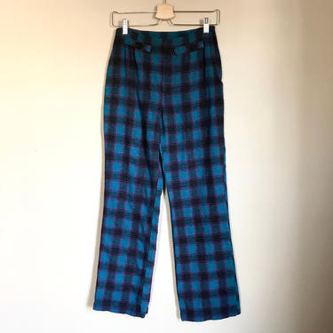80s 26&amp;quot; Waist Plaid Pants with Turquoise Purple and Black Pattern 