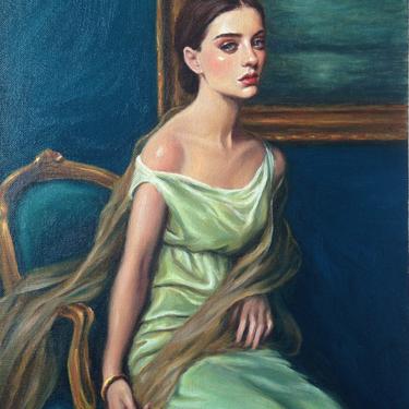 Art Print from Original Oil Painting by Pat Kelley. Portrait of Woman with Blue and Gold. Romantic Art, Vintage Style, Giclée, 16x12 