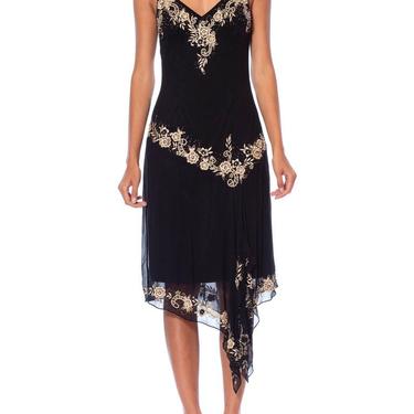 1990S Black Bias Cut Silk Chiffon Galliano Style Floral Embroidered Dress 
