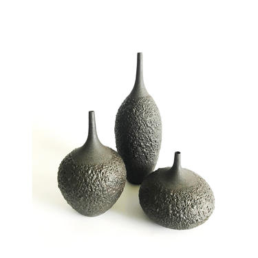 SHIPS NOW- bottle vase trio- black crater lava glaze by sara paloma pottery. textural bud vases. mid century decor volcanic ceramic bud vase 
