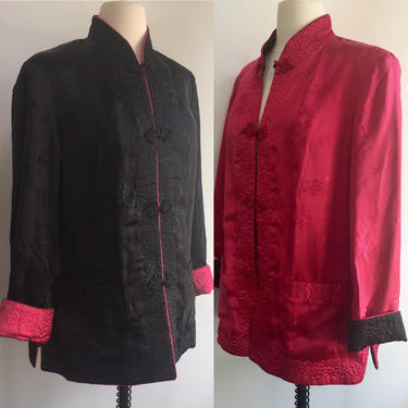 Classic Vintage Asian REVERSIBLE SILK Jacket / Black + Fuschia / Two for One / PEONY 