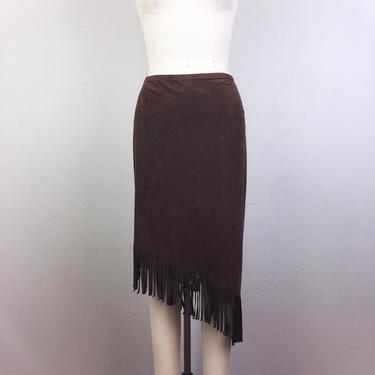 Vintage 90s Brown Vegan Suede Fringe Skirt Faux Leather M/L 