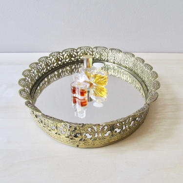 gold gilded vanity tray - ornate metal oval frame 