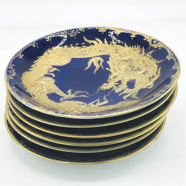 Antique (6 ) Gold Encrusted Cobalt Blue Dragon 5 3/4&amp;quot; Plates Hand Painted Japan- Moriage 