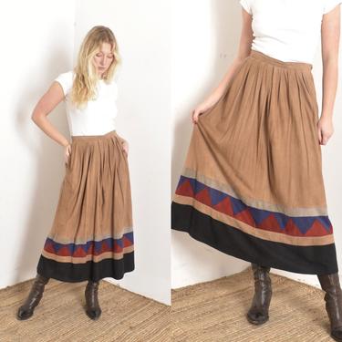 Vintage 1980s Skirt / 80s Soft Suede Patchwork Midi Skirt / Tan Blue Black ( small S ) 