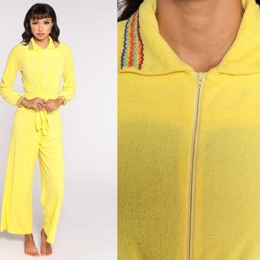 70s Jumpsuit Yellow TERRY CLOTH Bell Bottom Pants Boho Hippie Front Zip Disco Bohemian One Piece Vintage Pantsuit Long Sleeve Small S 
