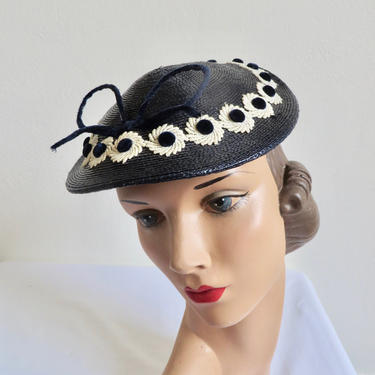 Vintage 1950's Navy Blue and White Straw Hat Lace Flowers Velvet Trim Spring Rockabilly 50's Millinery Sallie Ann Magee's 
