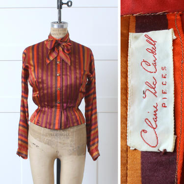 designer vintage 1950s Claire McCardell 'Pieces' silk blouse • bright striped bow neck blouse with puff sleeves 