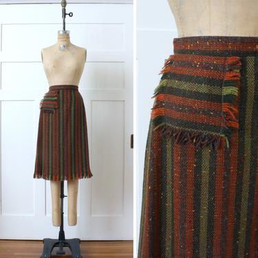 vintage 1950s wool skirt • earth tone stripes in woven flecked wool • oversized pocket skirt 